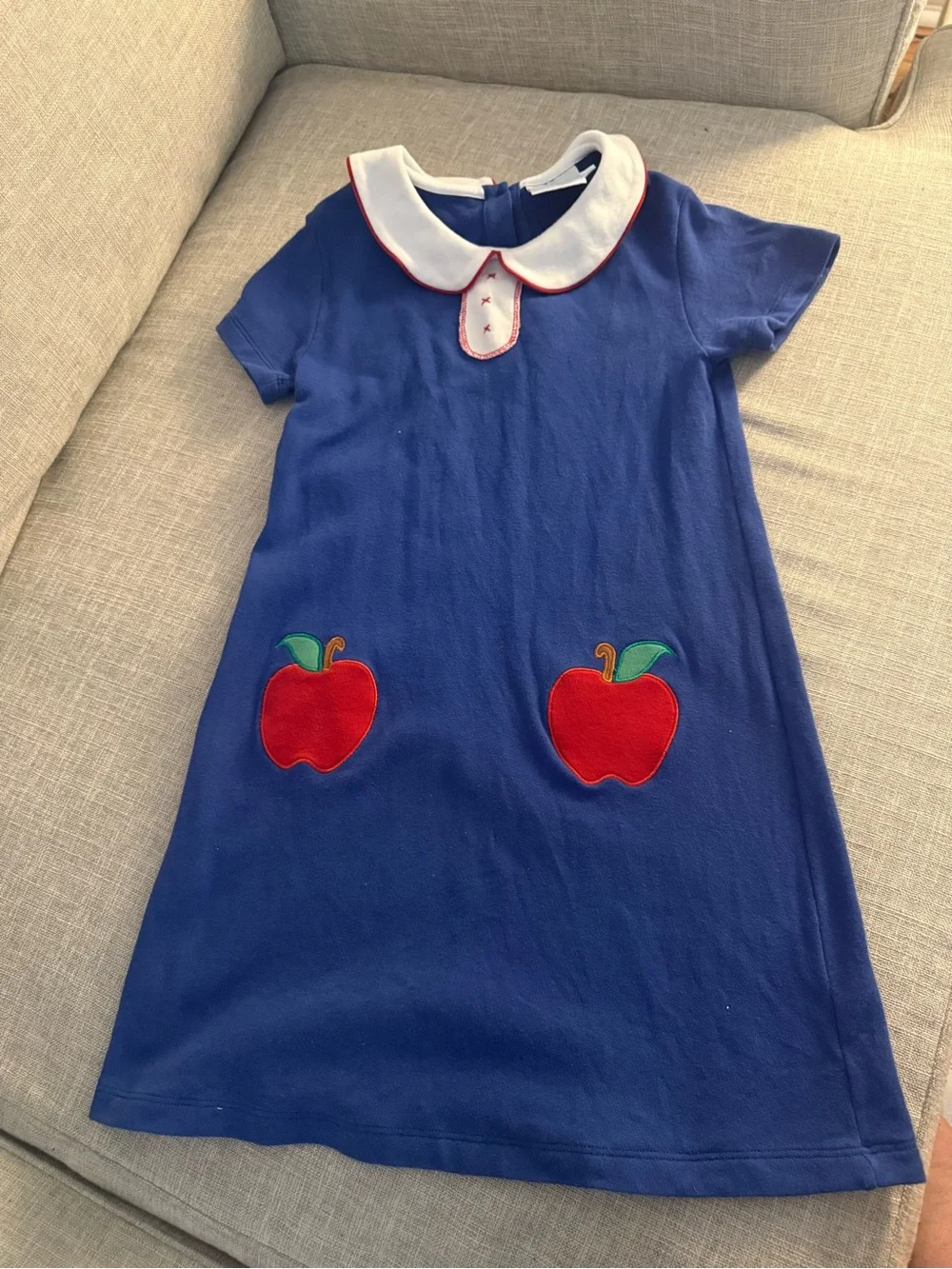 Little English Blue Dress with White Collar and Red Apple Appliqués